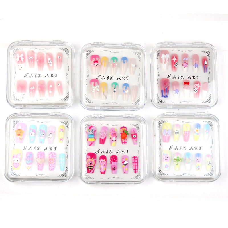 12小盒卡通儿童穿戴甲少女彩色指甲贴小女孩装饰美甲贴片假指甲片产品图