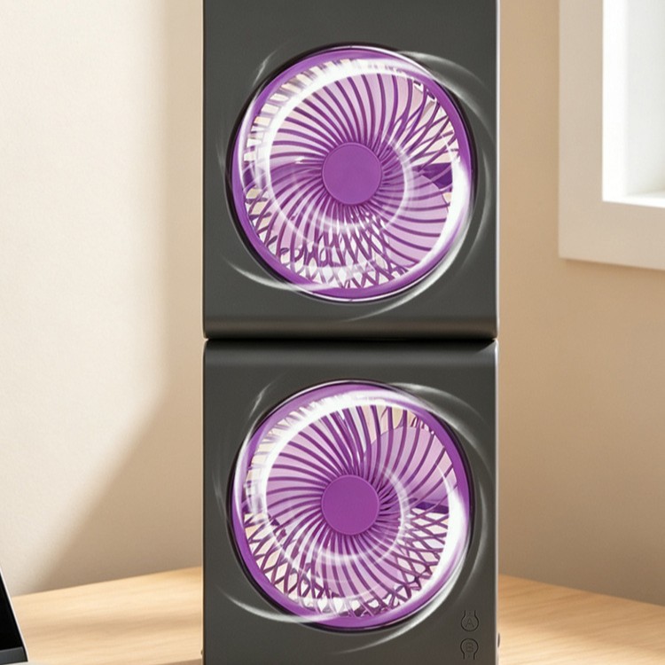 Black portable dual-fan base, purple and orange fan blades combined handheld neck-hanging small fan for students' outdoor use Item Picture