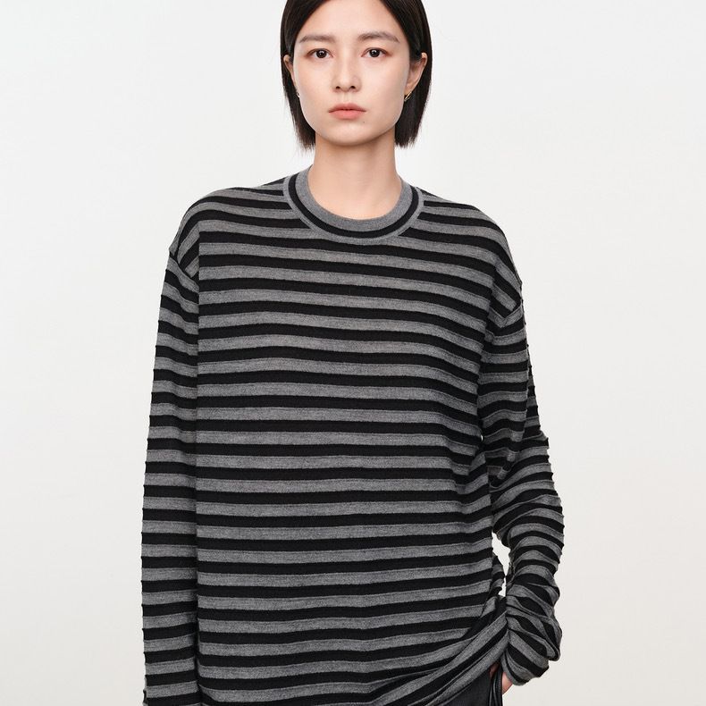 JOC同款肯豆风可机洗高品质立体条纹宽松复古针织衫春夏上衣女