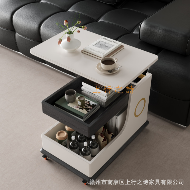 A three-piece set of mother and child coffee tables with RGB lighting effects, smart glass tabletop, living room coffee table, wireless charging, and laptop placement area Application Scenario