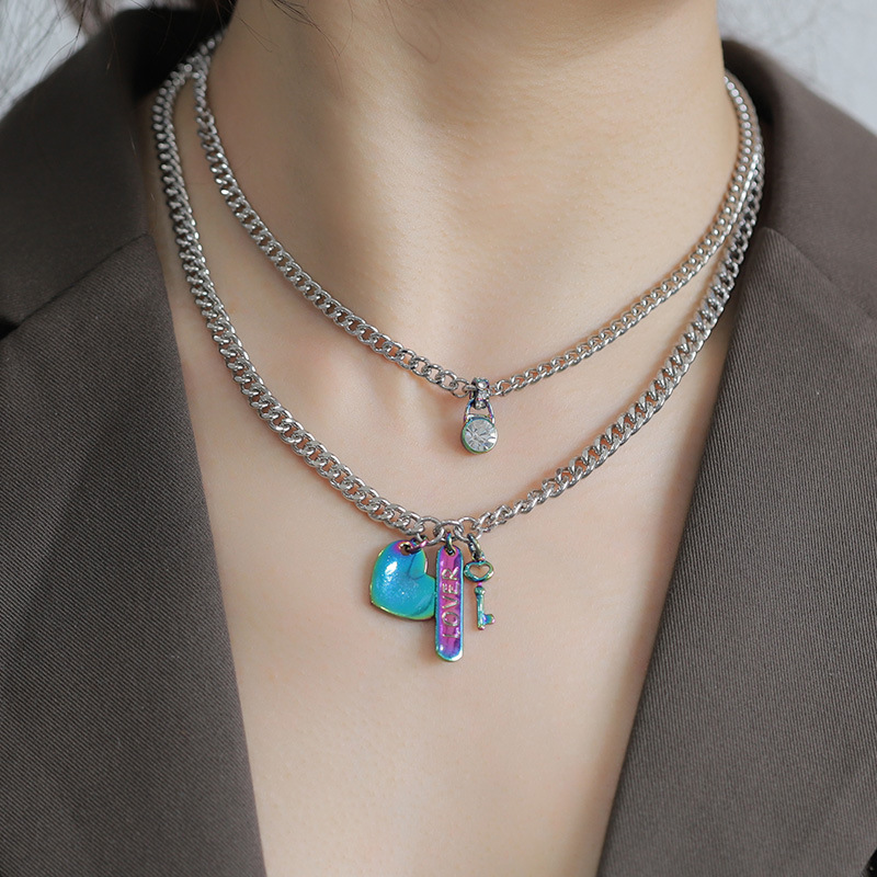 肯杰彩色金属数字幻彩赛博朋克吊坠链条叠戴CHARMS彩色电泳项链女