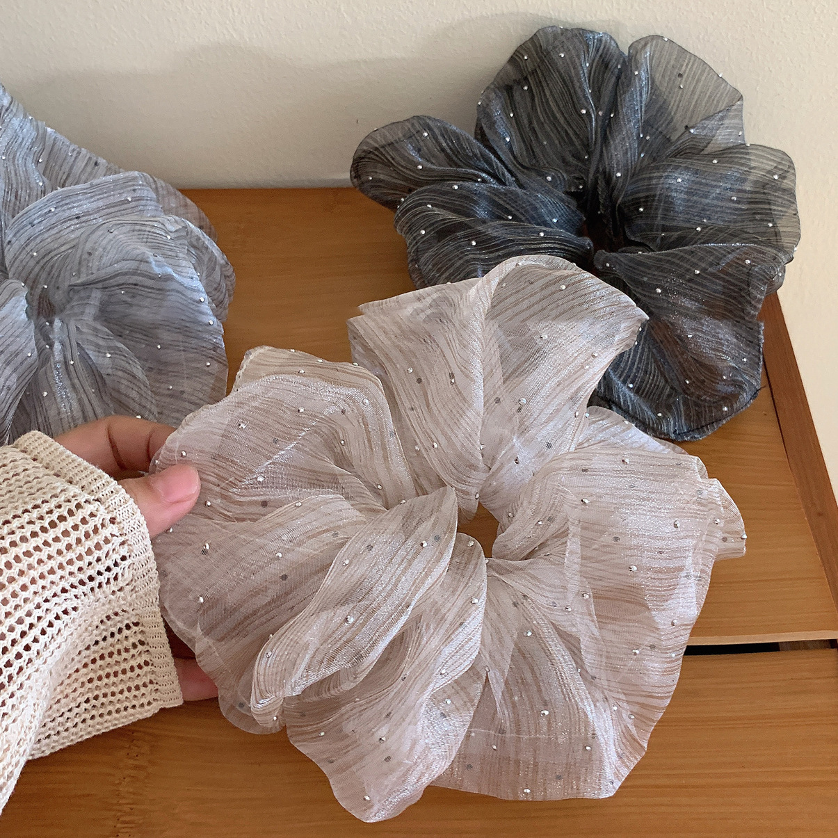 Large 20cm seep yarn, starry sky, rhinestone, large intestine hair band, French high-end style for women, fashionable and elegant hair accessory