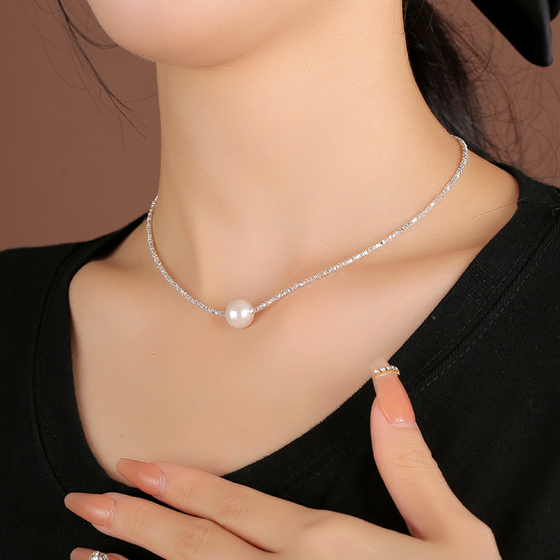 S925纯银碎银子碎银几两贝珠锁骨链小红书爆款高级新潮ins风设计