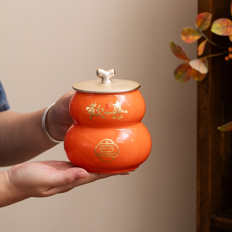 定制陶瓷茶叶罐创意葫芦罐红茶白茶欢喜礼盒水杯配置喜庆茶叶罐装细节图