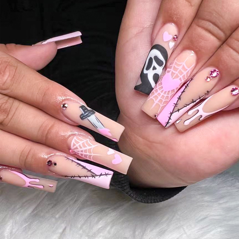 Cross-border exclusive Halloween wearable nail art patches, false nails, long ballet print pattern nail art pieces Specification image