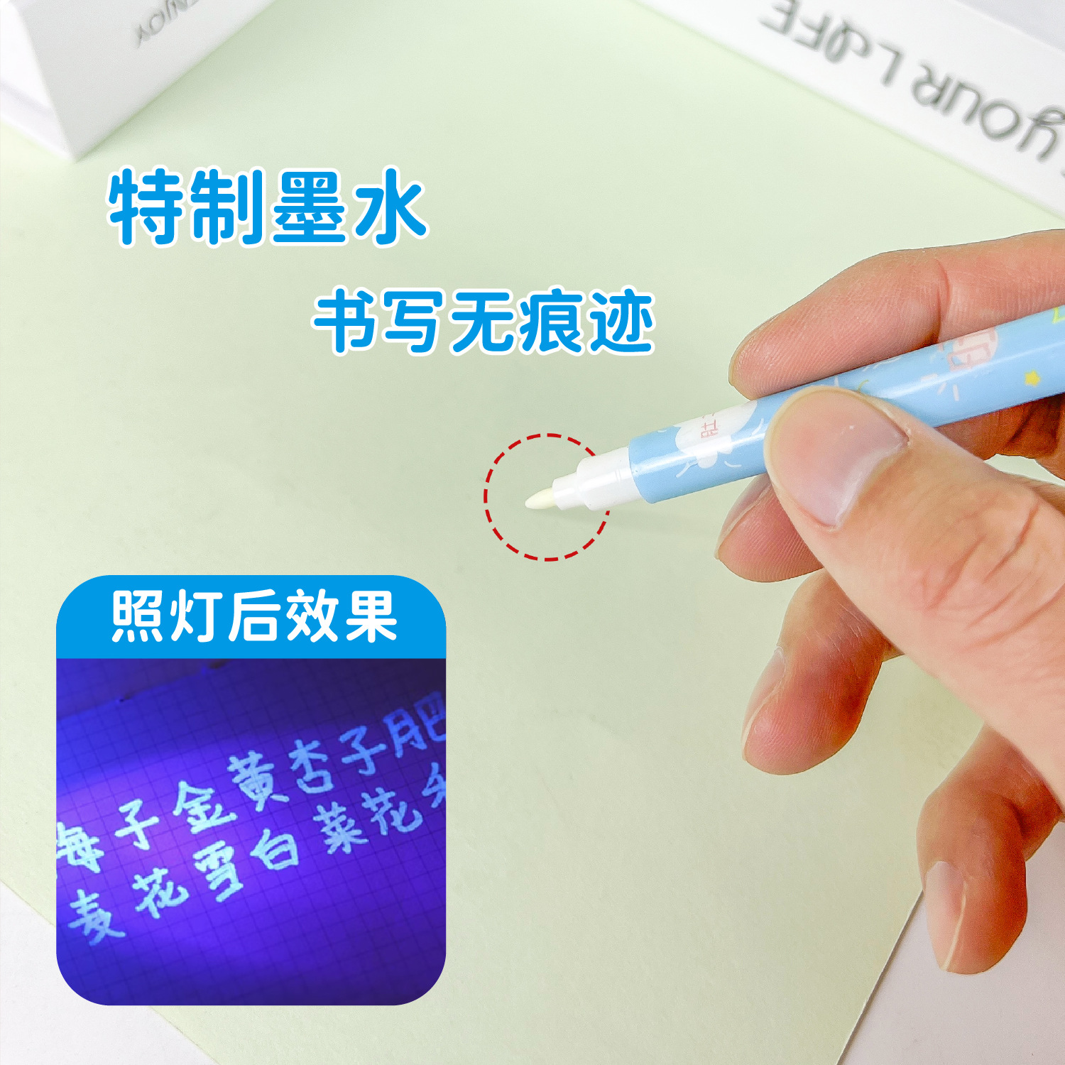 Cartoon high-appearance-level dual fluorescent note number marking pen with invisible pen ultraviolet lamp colorless marking invisible pen Application Scenario