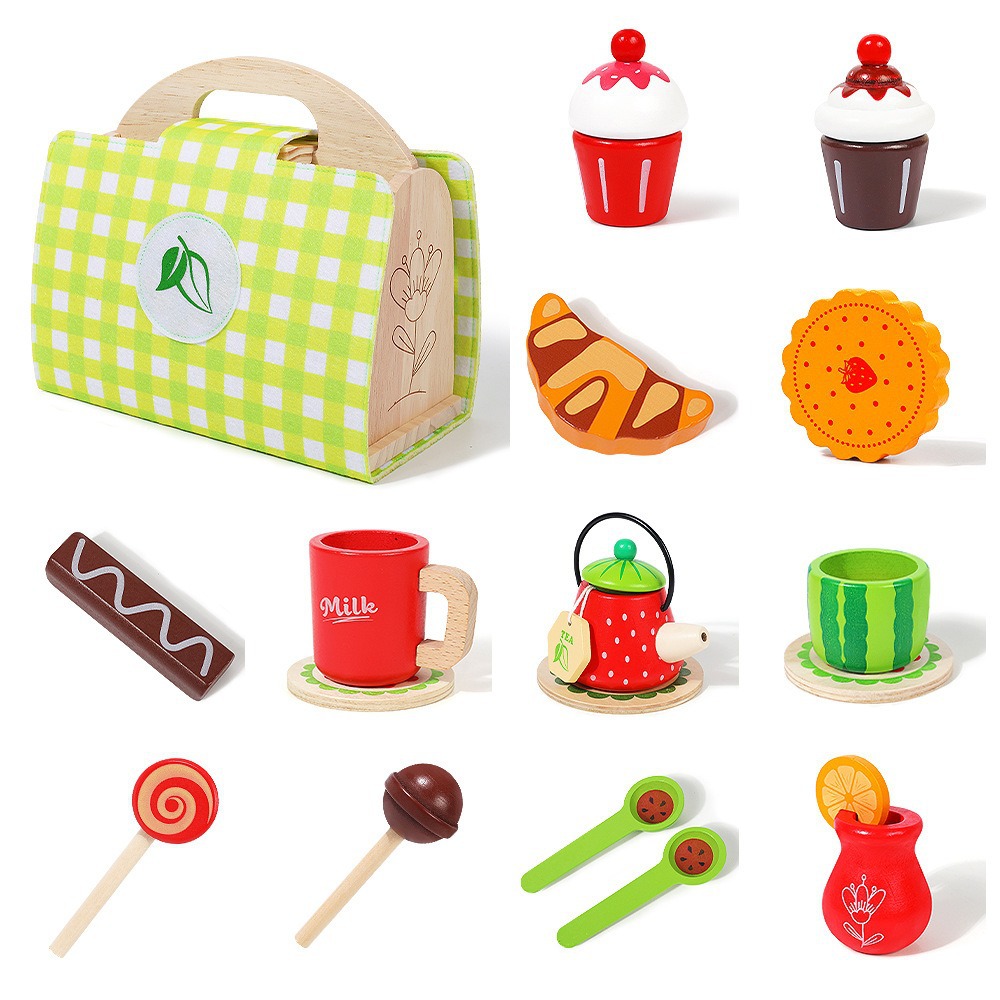 Cross-border wooden children's afternoon tea dessert simulation tea set, hand-held box, baby role-playing educational toy details Picture