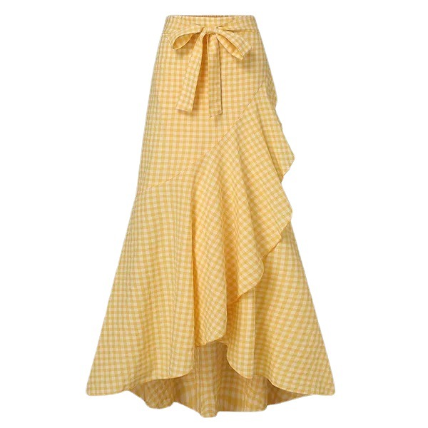 Cross-border women's checkered mermaid skirt with ruffled edges and irregular hem, high-waisted casual umbrella-wrapped long dress Item Picture