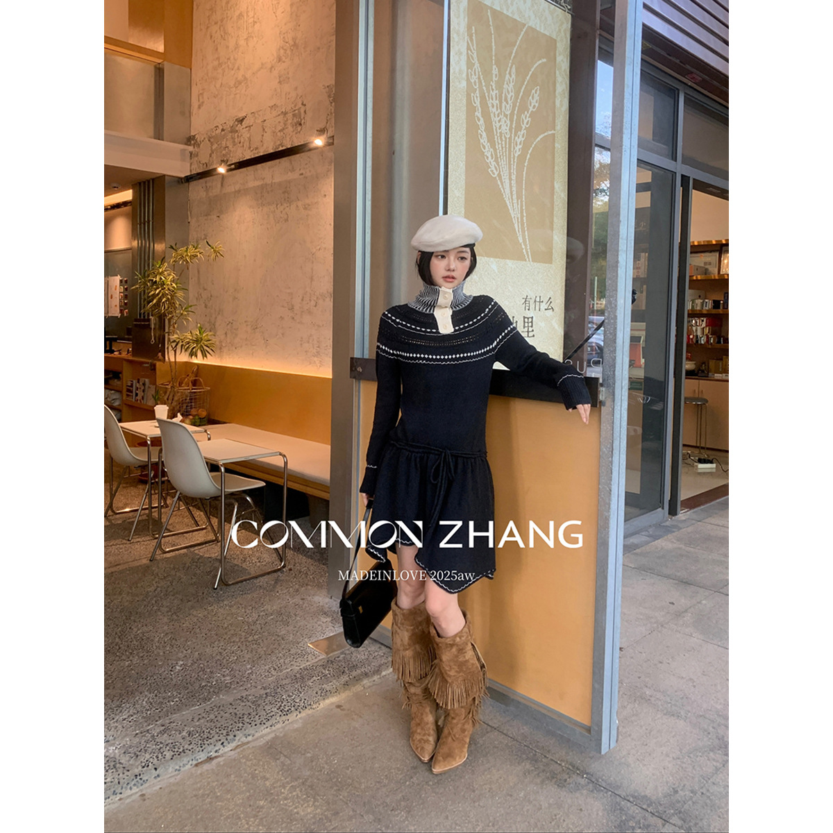 CZZHANG's two high-neck woolen knitted dresses for the autumn and winter vacation, a sweet and color-blocking short skirt B45282 details Picture