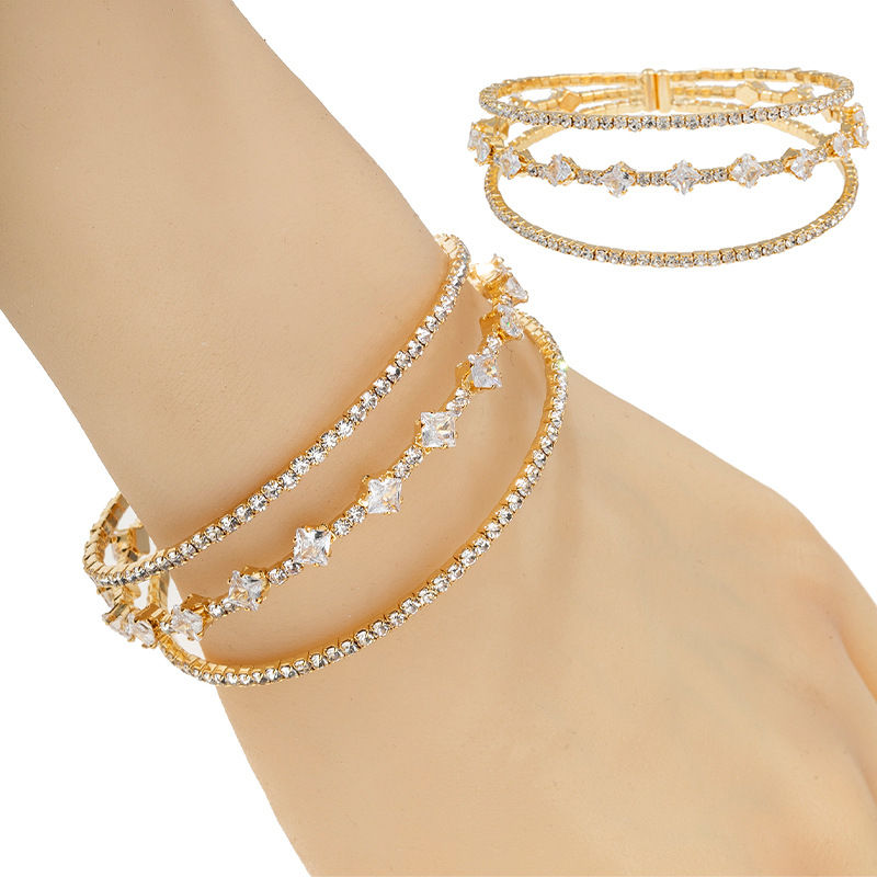 European and American cross-border 3-layer zircon elastic bracelet with adjustable opening, full diamond jewelry, Korean version daily simple and versatile bracelet jewelry manufacturer wholesale full figure