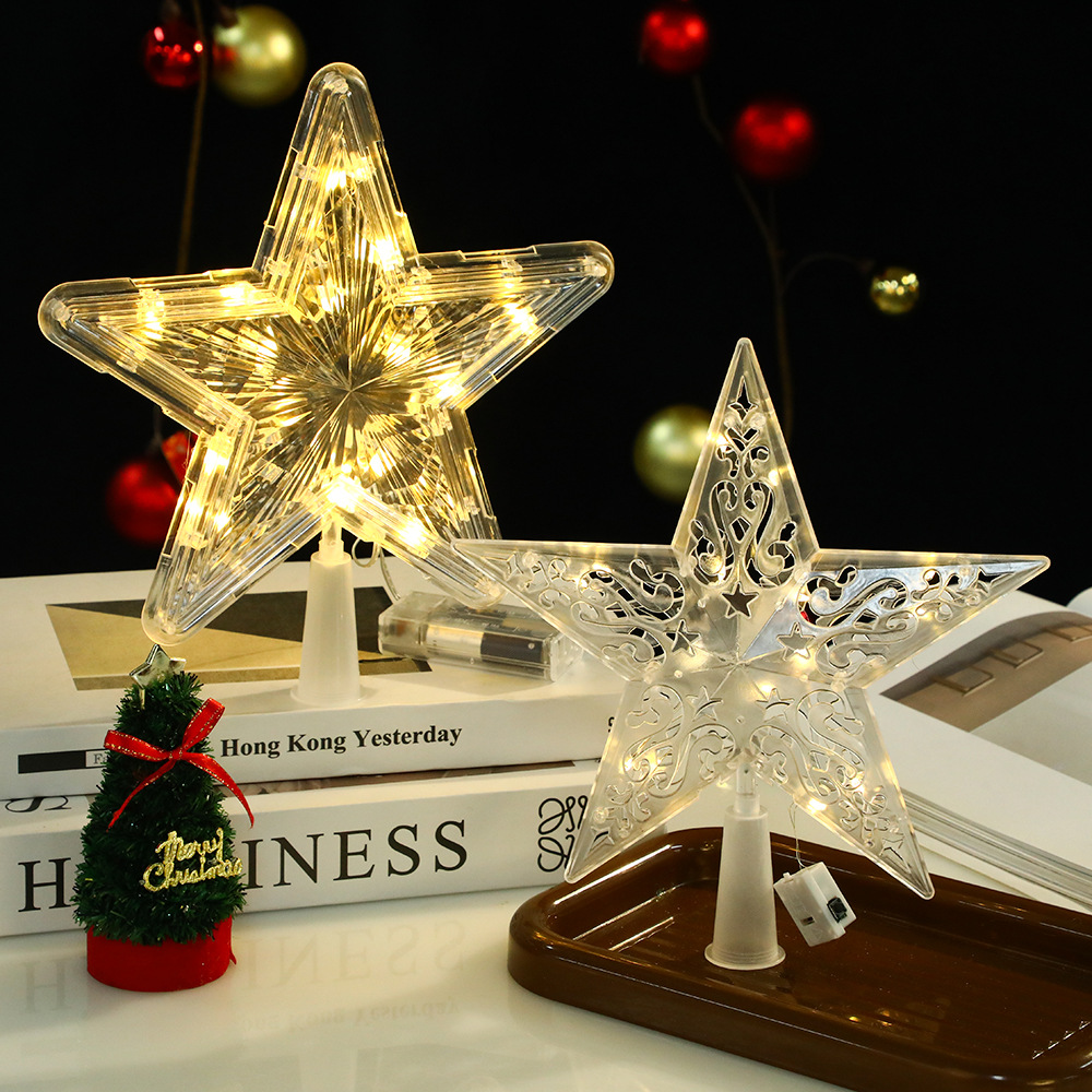 Cross-border best-selling illuminated Christmas tree top star hollowed-out moon star Christmas tree top LED light Christmas decoration