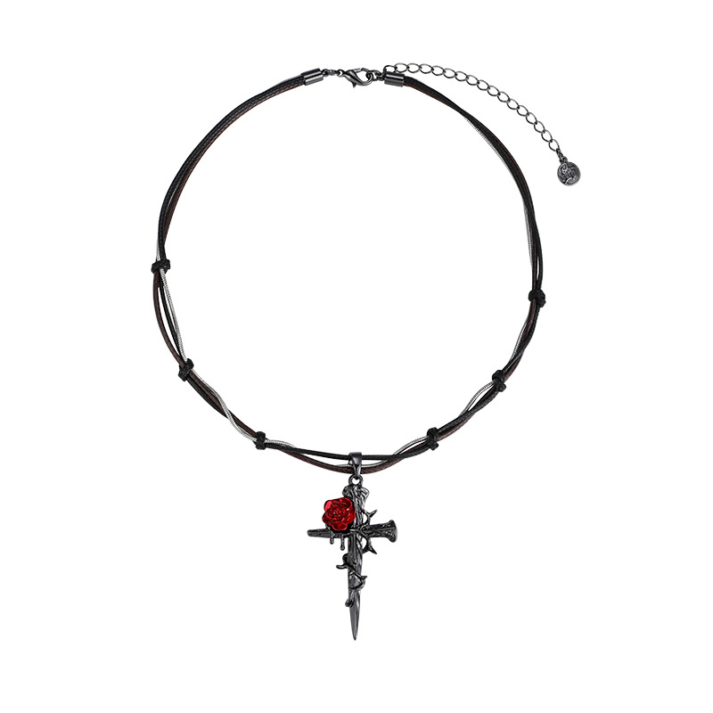 Dark Gothic style red rose entwined cross pendant necklace with a unique female design sense, black woven collarbone chain Item Picture