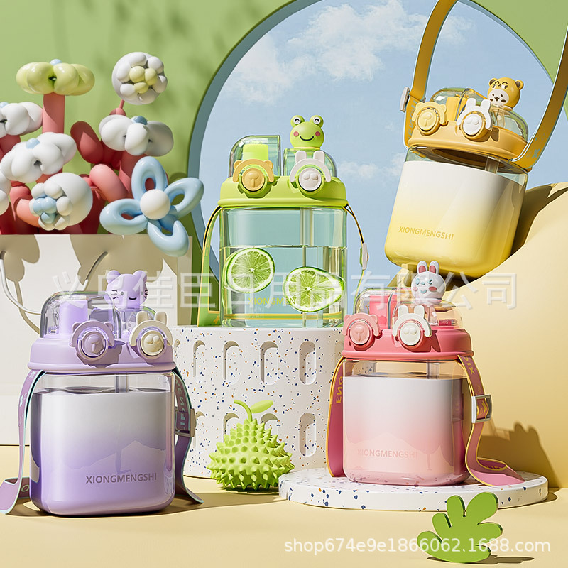 New creative dopamine plastic cups for men and women, high appearance level straw cups, handle sports water bottles, filter screens, flower tea cups Specification drawing