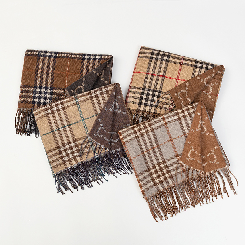 A new Korean version of the versatile CC jacquard style autumn and winter checkered double-sided warm faux cashmere tassel scarf for women
