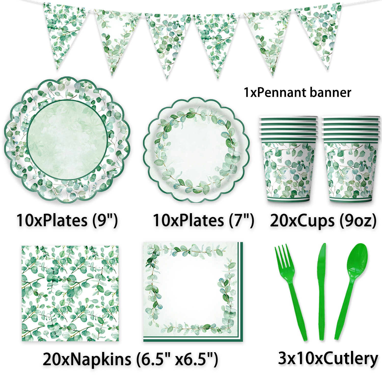 新款尤加利叶永生花绿色婴儿淋浴洗礼一次性纸盘纸巾纸杯餐具套装