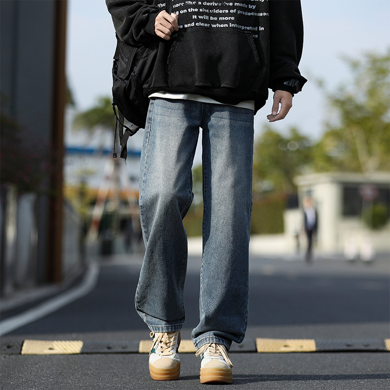 Retro washed jeans for men, spring and autumn trendy vibe loose straight-leg pants, high street wide-leg casual trousers details Picture
