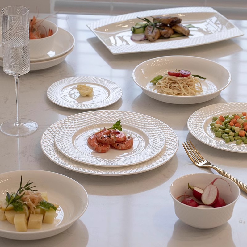 Ins-style simple threaded Western plates, high-end household tableware, straw hat plates, vegetable plates, soup plates, dinner plates, deep plates details Picture