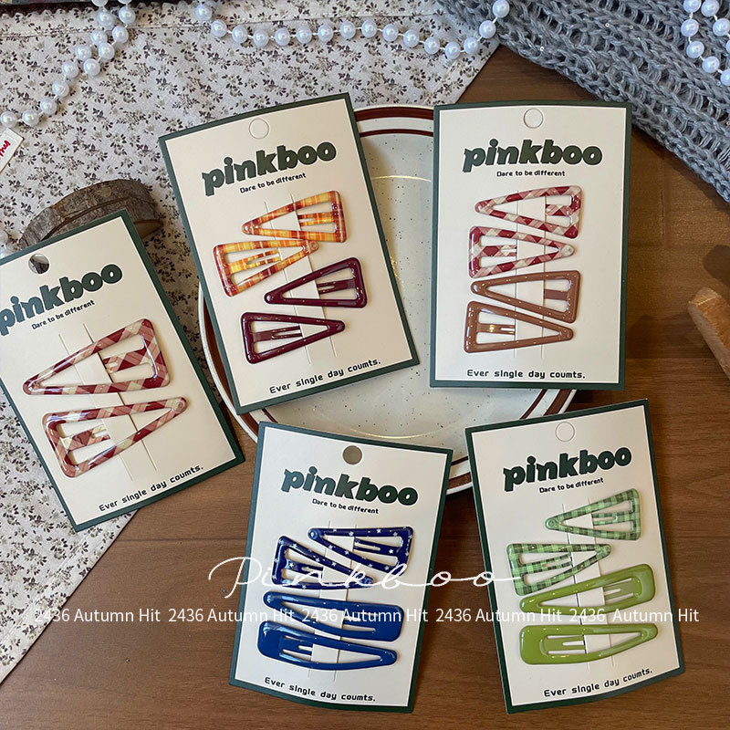 New Korean-style autumn checkered geometric hair clips, handcrafted for children, side cliffside bangs clips, two-piece bye-bye clips for girls, pinkboo multi-color checkered hair clips, simple and fashionable, exquisite daily headwear for girls