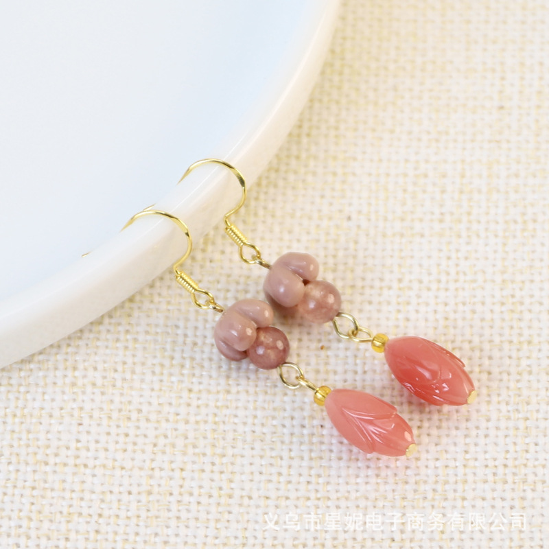Pink bead earrings, rice beads, string beads, wooden beads, crystal loose beads, simple and fashionable earrings, women's gift Specification image