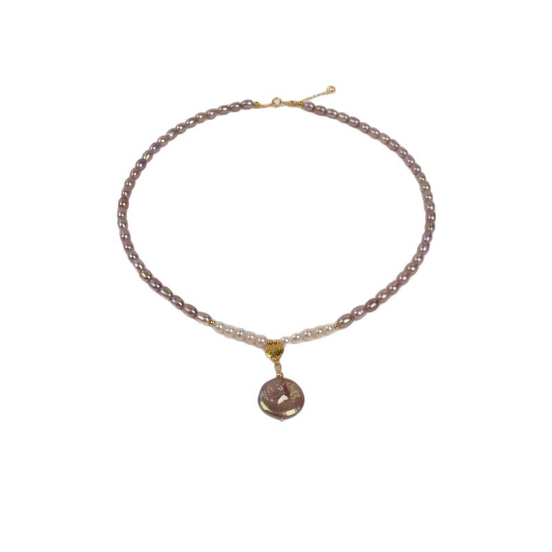 Natural freshwater pearl necklace, purple rice pearl tie pendant, elegant and stylish necklace, high-end and elegant pearl jewelry Item Picture