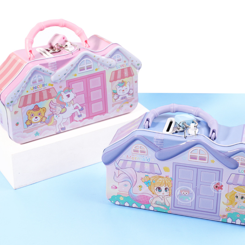 Cartoon iron house, survival money box for men and women, children's cartoon creative piggy bank, home ornaments, loose change storage box details Picture