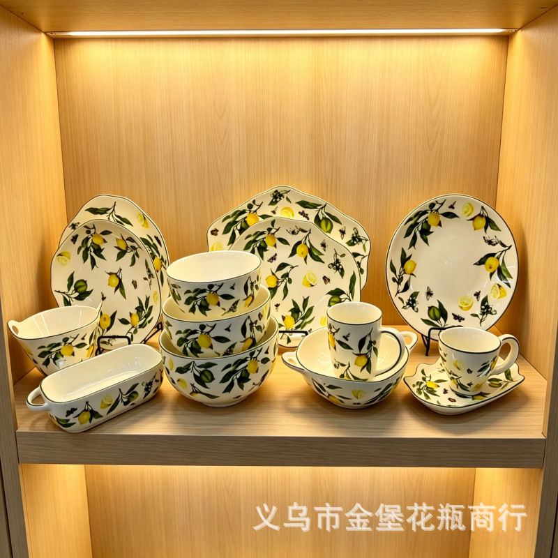 Americano limón green leaf ceramica vajilla set vintage floral plato plato sopa tazas hornear plato de hornear hogar Application Scenario