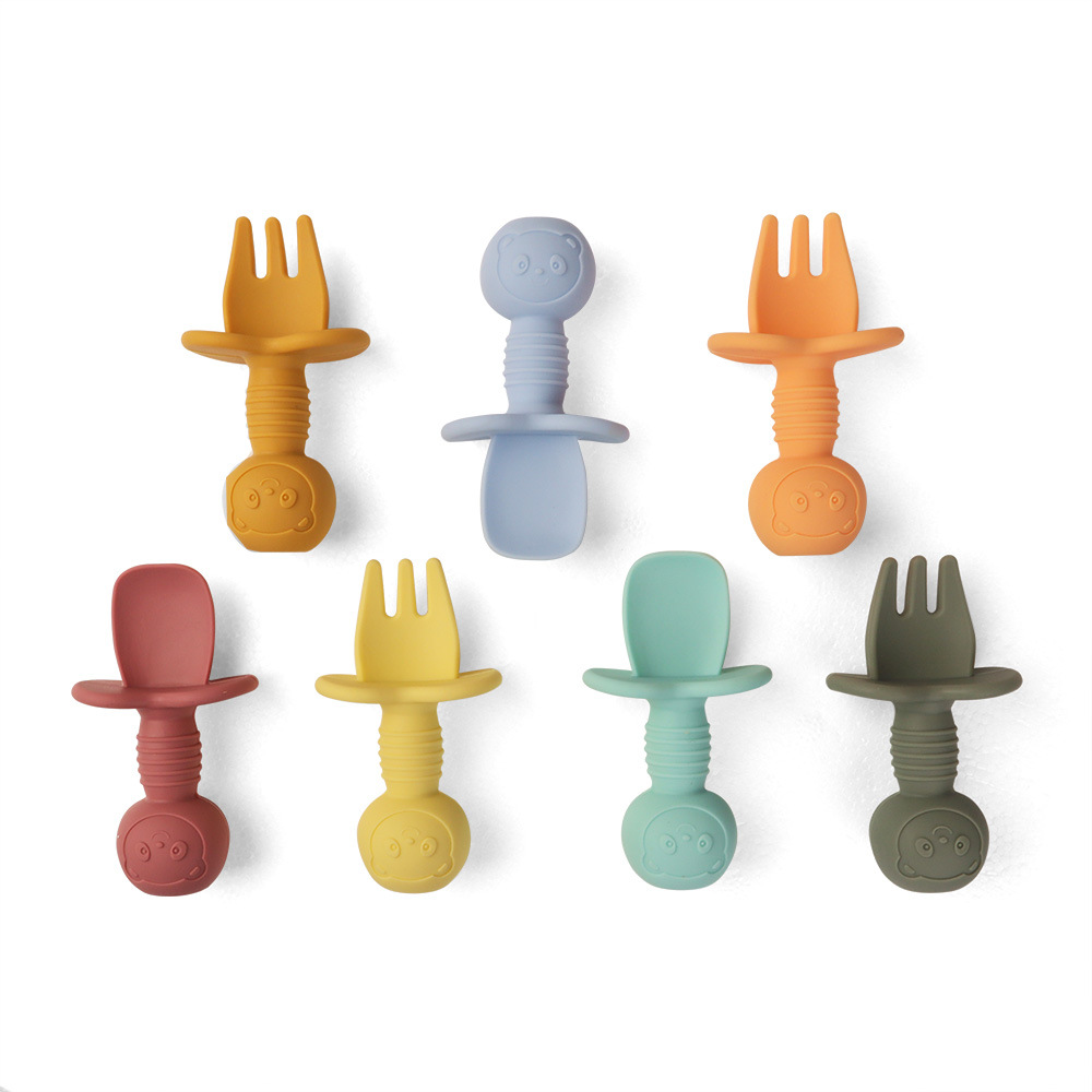 Infant and toddler silicone fork spoons, short-handled spoons, baby teething training spoons, cross-border e-commerce mother and baby feeding sets wholesale Item Picture