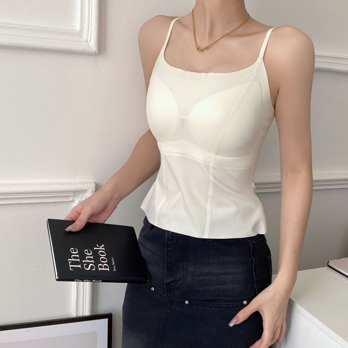 美背吊带文胸一体咖色修身无痕打底内衣带胸垫背心女身体防护劳保服详情4