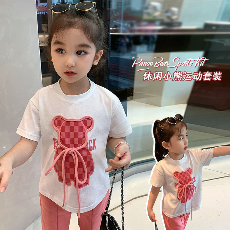The 2025 Summer Korean cartoon print T-shirt, flared pants and baby's stylish two-piece set is trendy details Picture