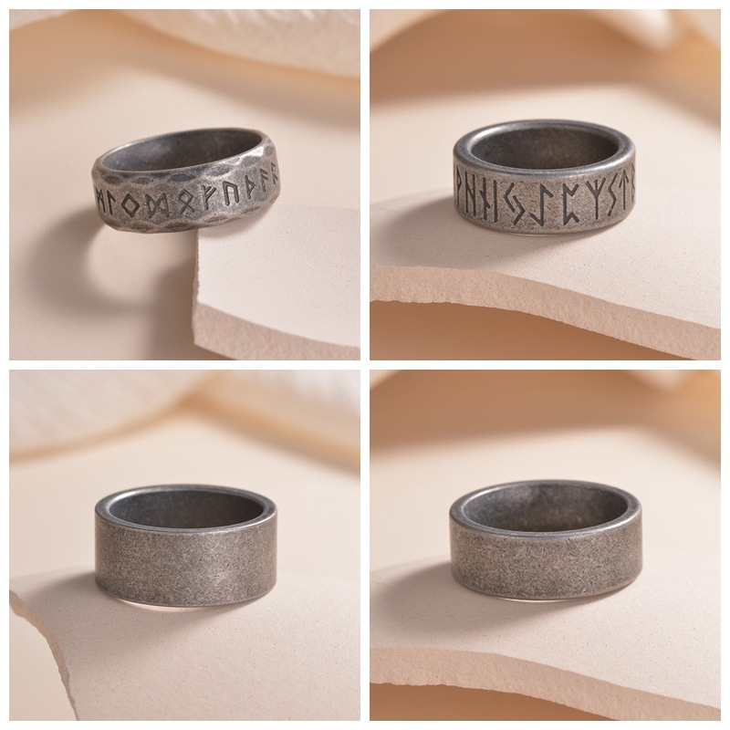 Amazon cross-border best-selling antique silver jewelry from Europe and America, aged men's titanium steel rings, Viking symbol ring bracelets Specification image