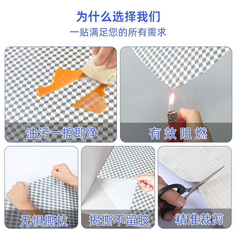 Kitchen oil-proof stickers, self-adhesive wallpaper, waterproof, moisture-proof, heat-resistant, cabinet doors, stove tops, aluminum foil paper, thickened oil fume stickers Application Scenario