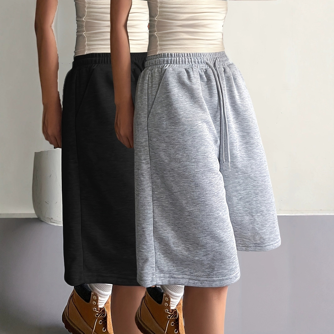 Grey sports shorts, women's summer thin capri pants, running loose wide-leg casual pants, drawstring mid-length pants full figure
