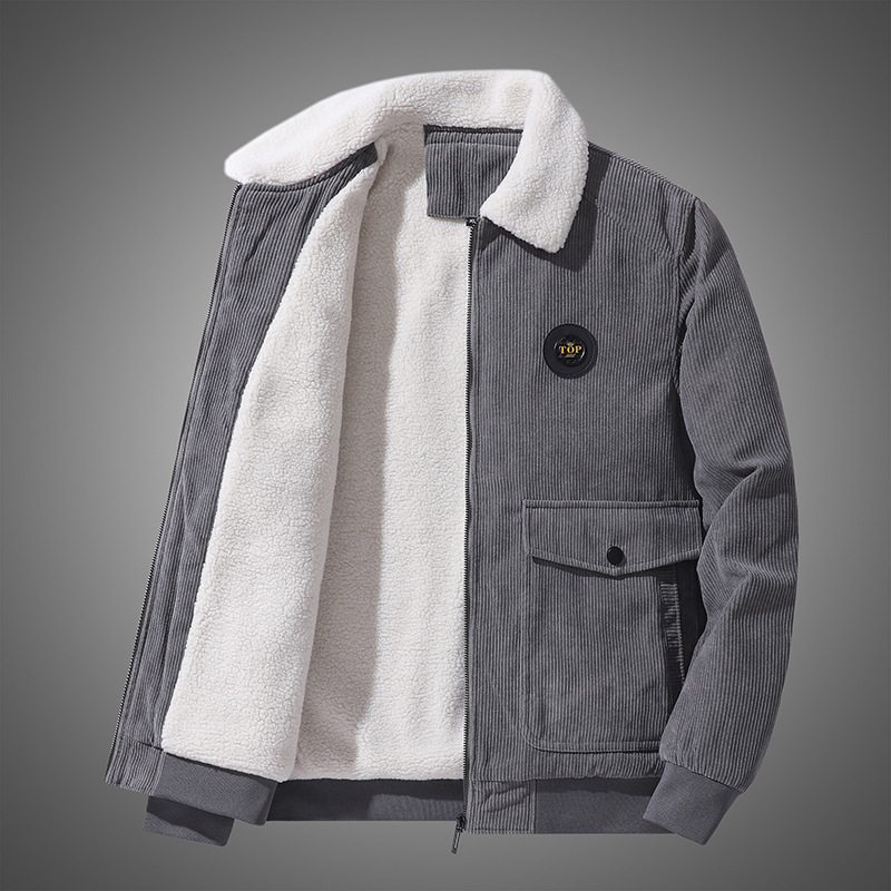 Corduroy lambskin jacket for men, loose, fleece and thickened casual lapel jacket for winter details Picture