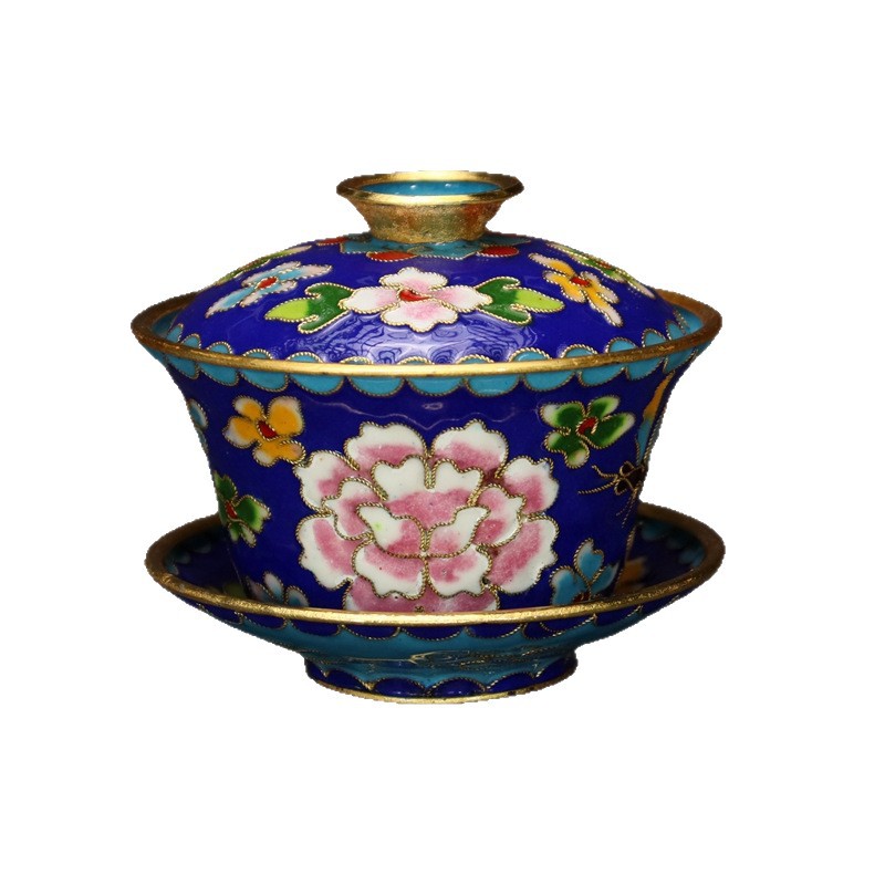 Beijing Cloisonne craft cultural gift and decorative items: copper body, cloisonne enamel, filigree, silver blue, large and small tea bowls and covered bowls Item Picture