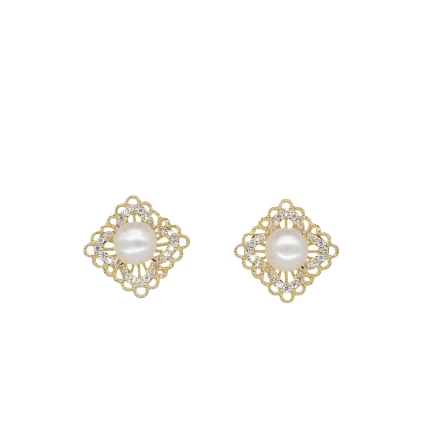 Xuhui brand's new InS-style sweet and hollowed-out lace pearl stud earrings are fashionable and elegant. They are copper-plated with real gold and 925 sterling silver needles Item Picture