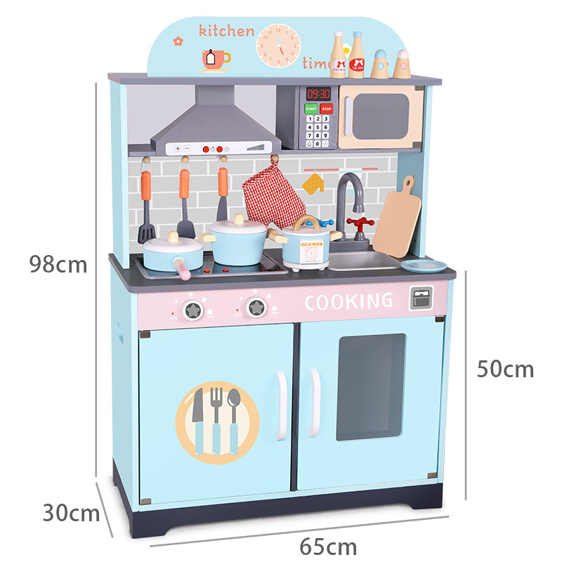 Children's simulated wooden blue kitchen toys. 3-year-old girl plays house in kindergarten with wooden kitchenware and stove scene Item Picture