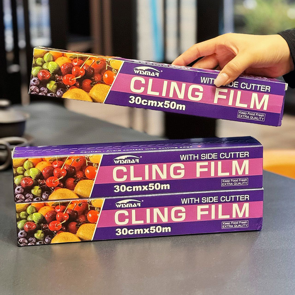 外贸食品级切割保鲜膜家用耐高温大卷厨房英文盒装