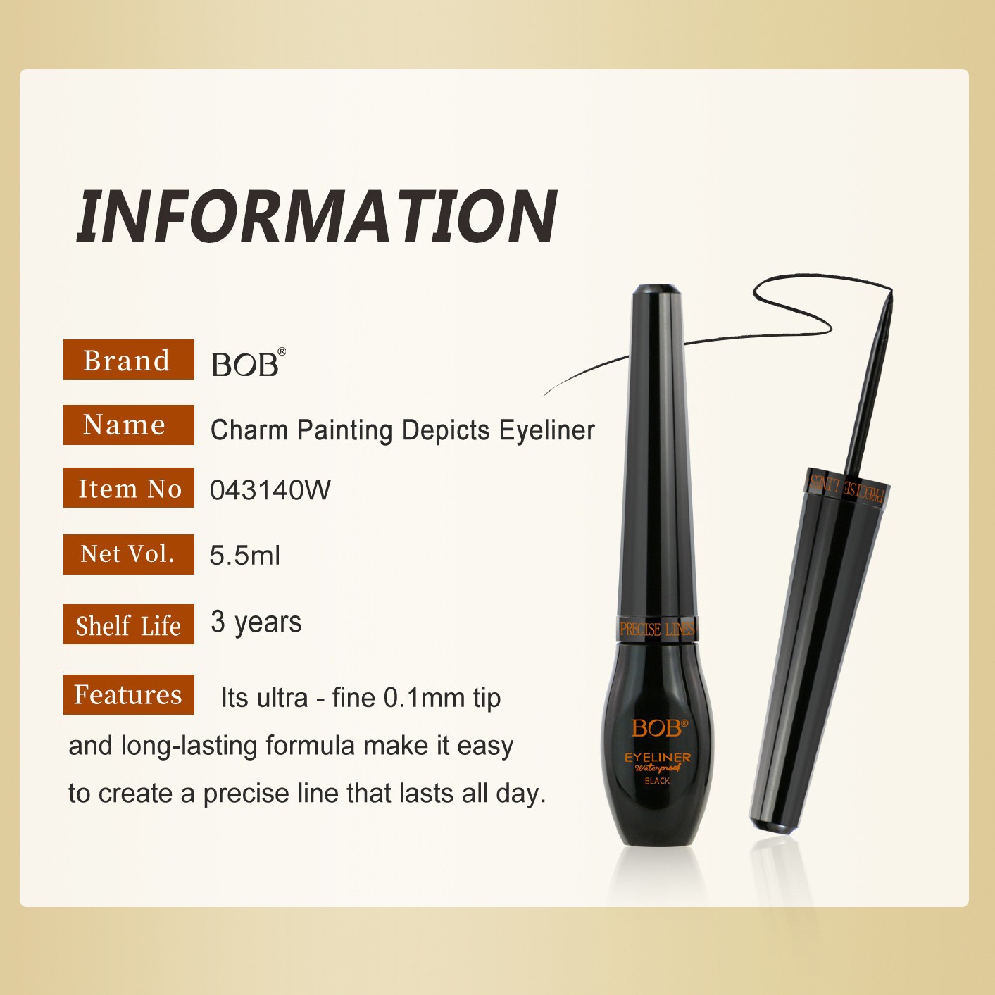 Cross-border BOB eyeliner Liquid is waterproof, sweat-proof, quick-drying, long-lasting without smudging, rich, three-dimensional and cool black eyeliner. All in English Item Picture