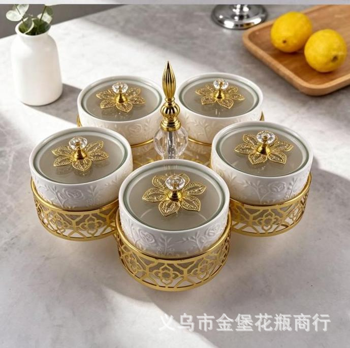 Light luxury 5-compartment rotating ceramic dried fruit box with lid, carved gold edge, nut storage box in multiple colors, suitable for home and living room use