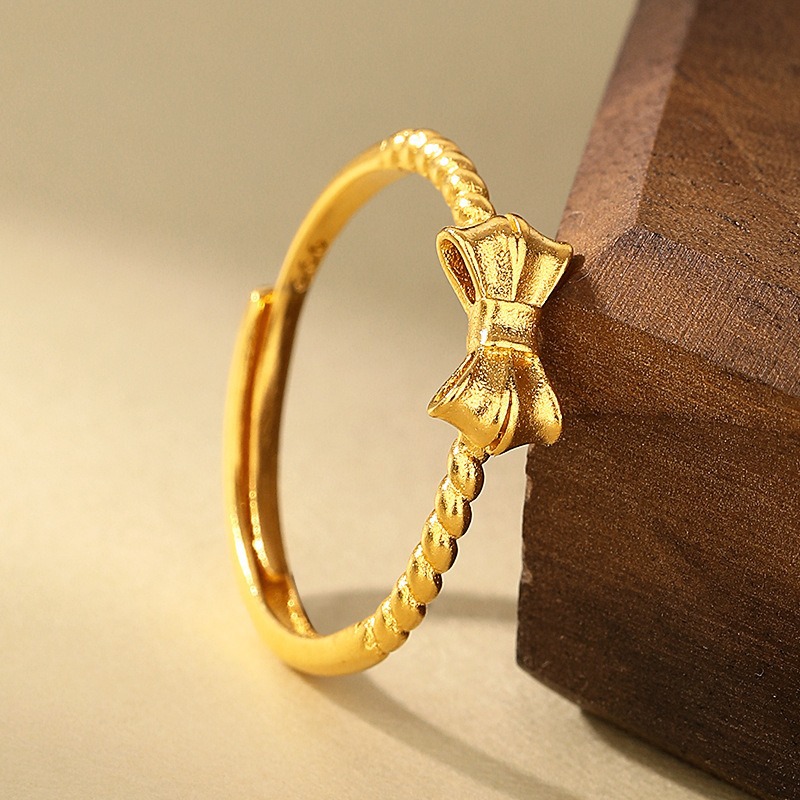 Women's simple sand gold bow ring, copper gold-plated, fashionable, versatile, high-end, light luxury open ring Specification image
