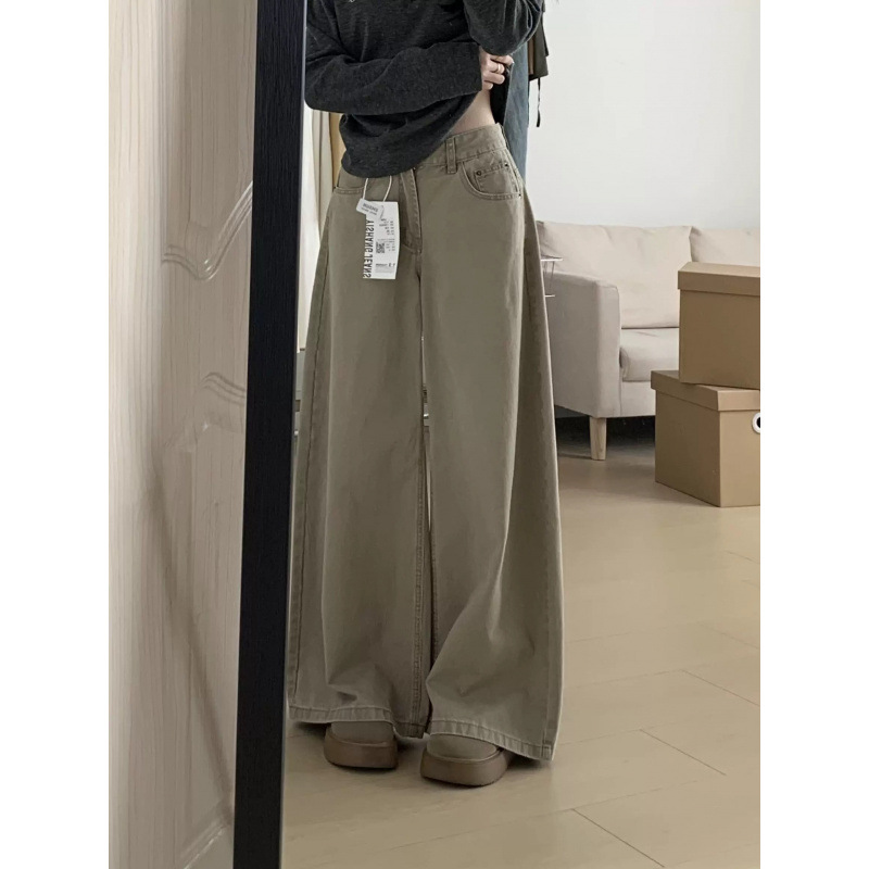 卡其色宽松阔腿牛仔裤女夏季新款高腰宽松显瘦休闲百搭垂感拖地裤