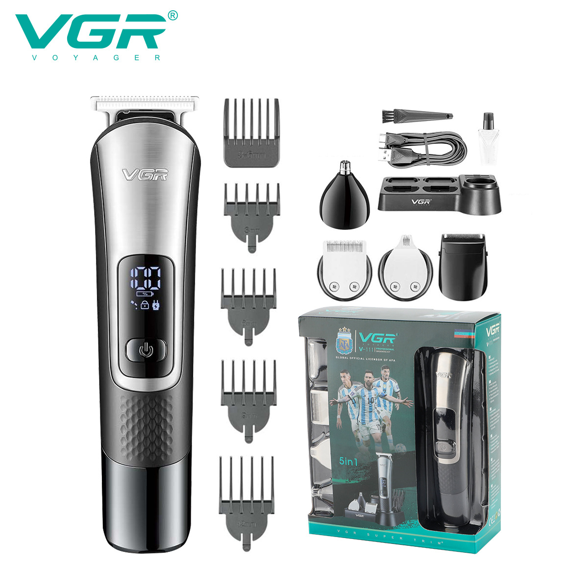 VGR111跨境批发五合一男士护理油头雕刻电推子剃头发理发器套装