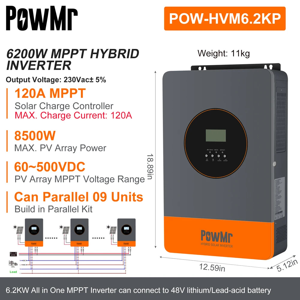 6.2KW 230V solar hybrid inverter can be combined with 9 sets