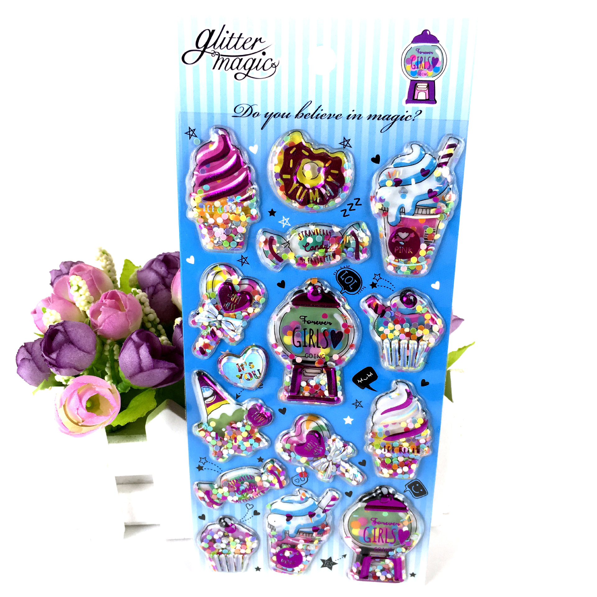 Children's stickers 3D stereoscopic gilded stickers, gemstone rocking sand self-adhesive PVC rocking stickers, picture stickers Specification drawing