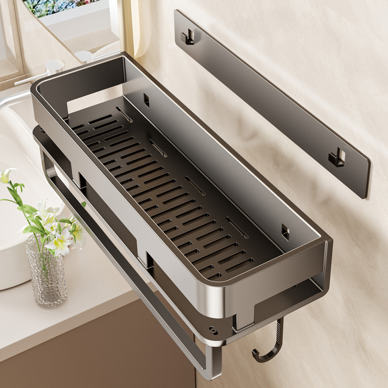 Gun gray bathroom, bathroom storage rack, wall-mounted toilet, washbasin, and high-end wall storage rack details Picture