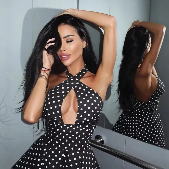 Cross-border European and American style sexy and hot girl fashion polka dot print dress, nightclub style cross-neck halter backless short skirt full figure