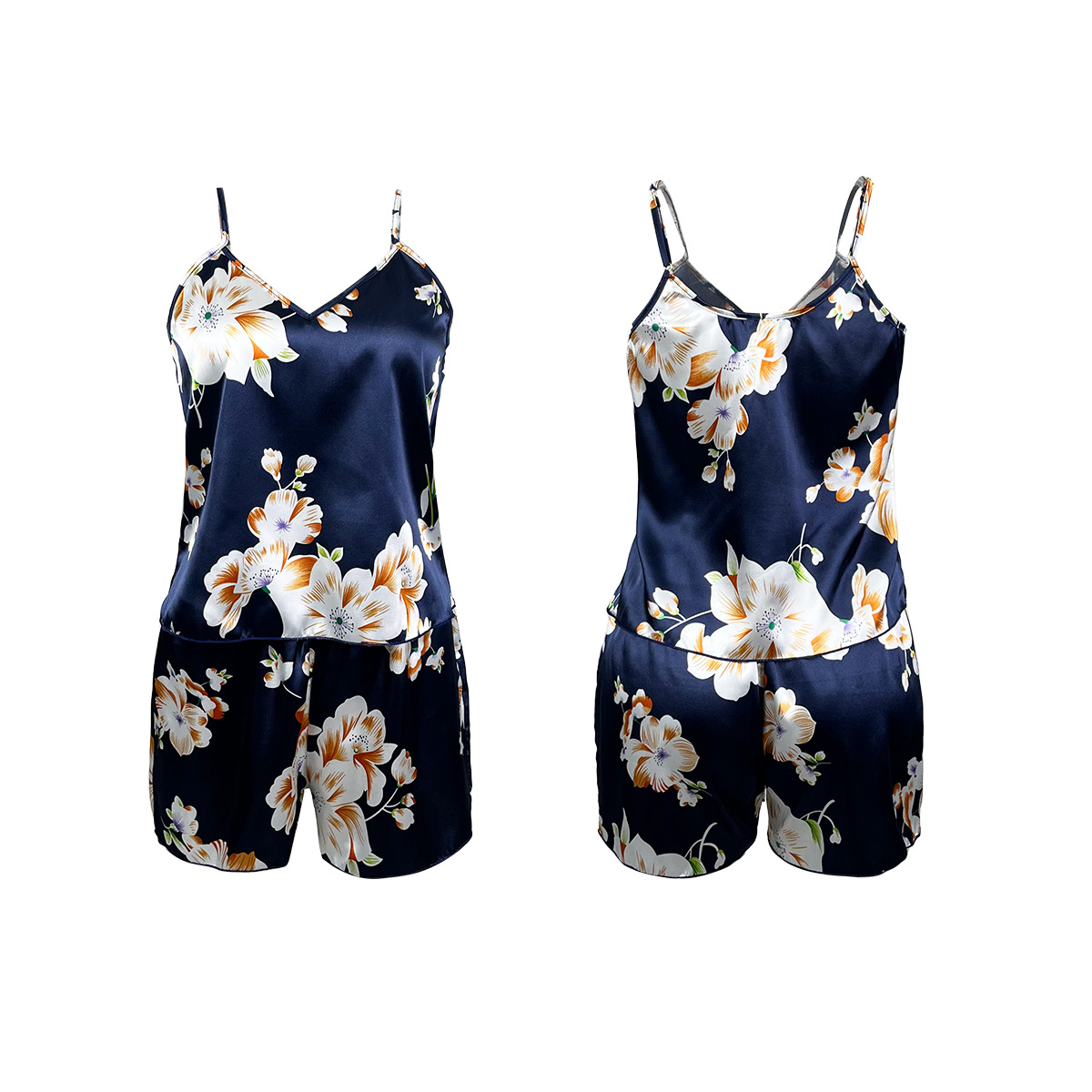 Feiyun Cross-border Sexy Floral Print Pajama Set Women's Satin halter Shorts Two-piece Home Wear 649 Item Picture