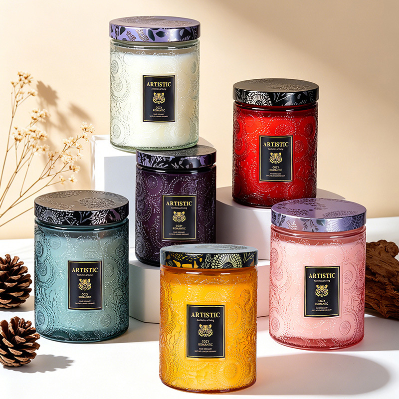 The source factory processes and customizes large-capacity embossed glass cups, scented candles, and handcrafted soy wax for odor removal across borders details Picture