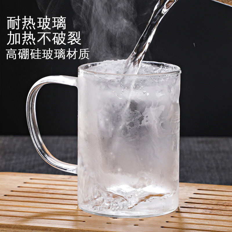 Factory wholesale glass crescent-shaped cups, household green tea cups, heat-resistant glass cups with built-in filters, and tea brewing cups with handles Specification image