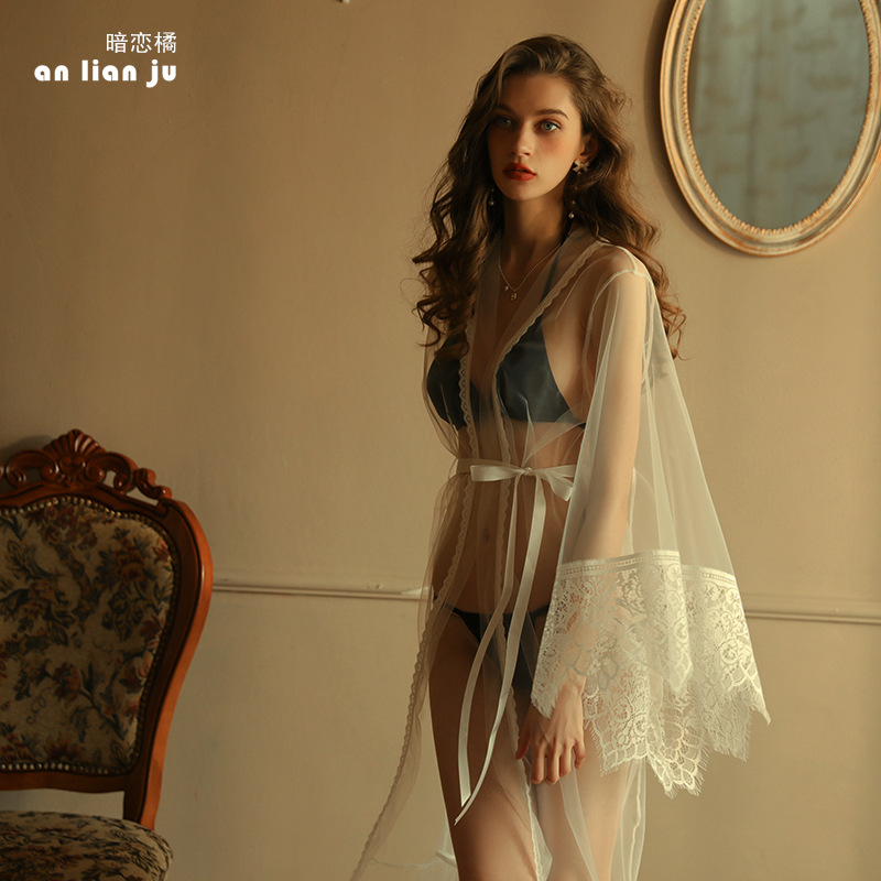 Secret Love Orange High-end European and American seductive pajamas, sexy underwear, extended lace bathrobe, transparent and interesting home wear 322 details Picture